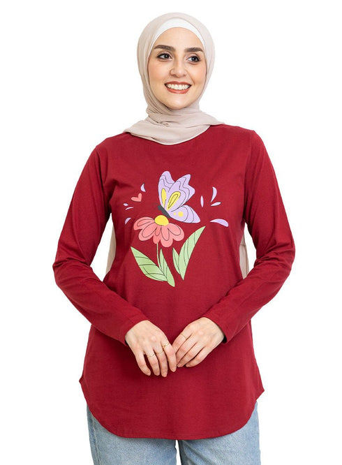 Brick Red Printed Long - Sleeve Design 10 - Khotwh